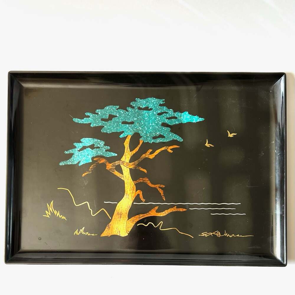 Vintage Couroc of Monterey Serving Tray with Lone Cypress Tree Inlay